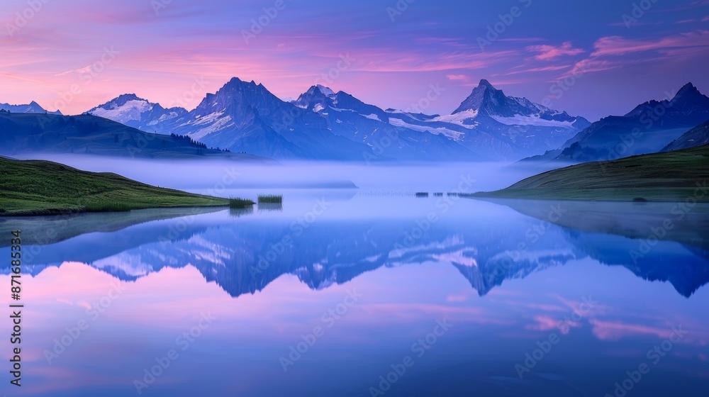 A breathtaking mountain landscape at sunrise, with mist hovering over alpine meadows and a tranquil lake A breathtaking mountain landscape at sunrise, with mist hovering over alpine meadows and a tranquil lake
