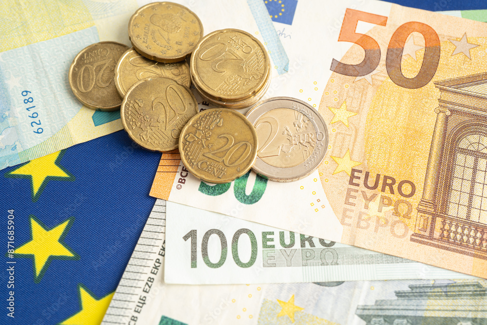 Euro banknote and coin, Europe money, economy finance exchange trade investment. Euro banknote and coin, Europe money, economy finance exchange trade investment.