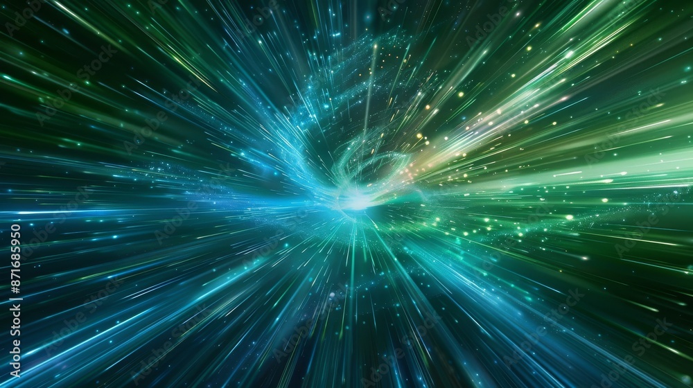 Background in neon blue, green, and white colors. Speed of light in galaxy. Universe explosion.