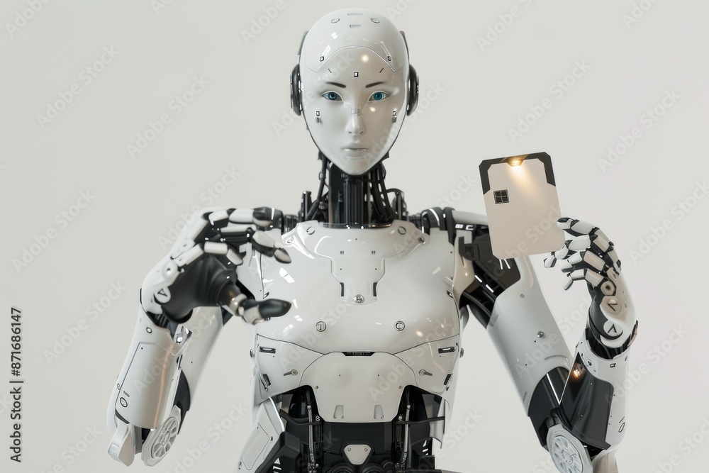 This robot is holding a blank card and a serving tray This robot is holding a blank card and a serving tray