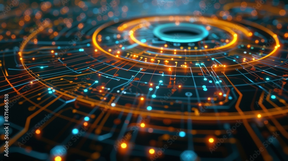 An illustration of a 3D rotary background with connections and nodes in modern technological terms An illustration of a 3D rotary background with connections and nodes in modern technological terms