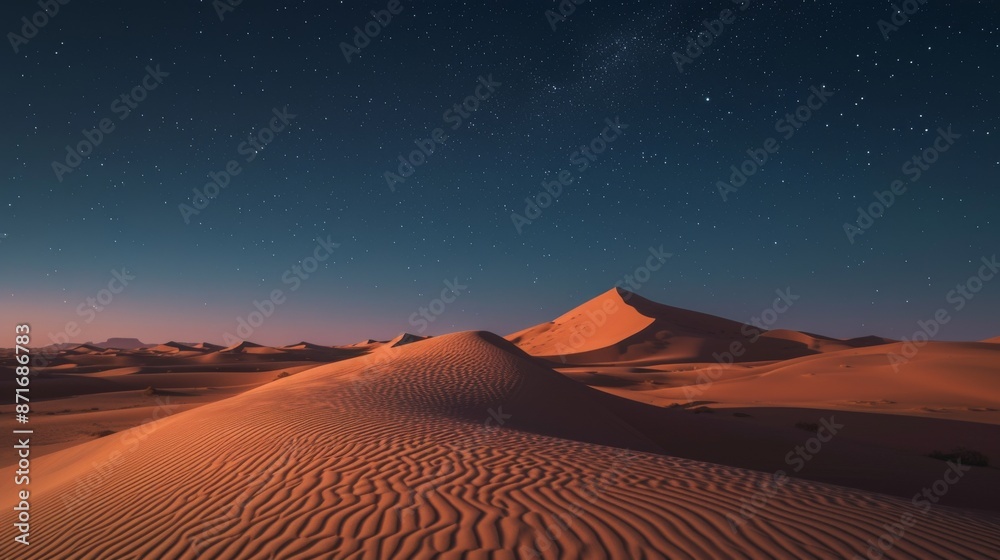Towering sand dunes stretch across an endless desert under a sky filled with stars, An endless desert with towering sand dunes under a clear, starlit sky, AI Generated Towering sand dunes stretch across an endless desert under a sky filled with stars, An endless desert with towering sand dunes under a clear, starlit sky, AI Generated