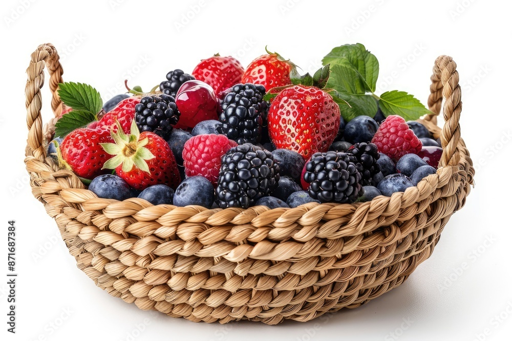 Berries in basket on white background with clipping path
