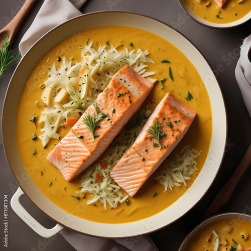 Salmon curry dish, the salmon fillets cooked in a creamy, orange-hued sauce infused with aromatic Indian spices like cinnamon, cloves, and fennel seeds