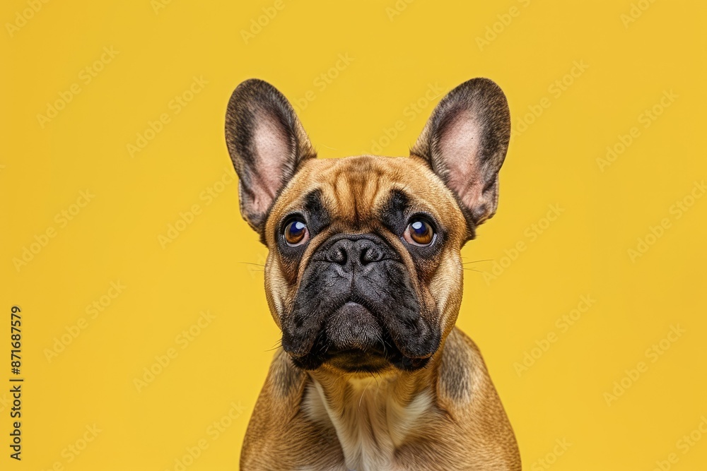 Brown French bulldog posing in studio on yellow backdrop