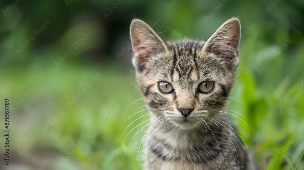 Cute Tabby Kitten Portrait with Green Background