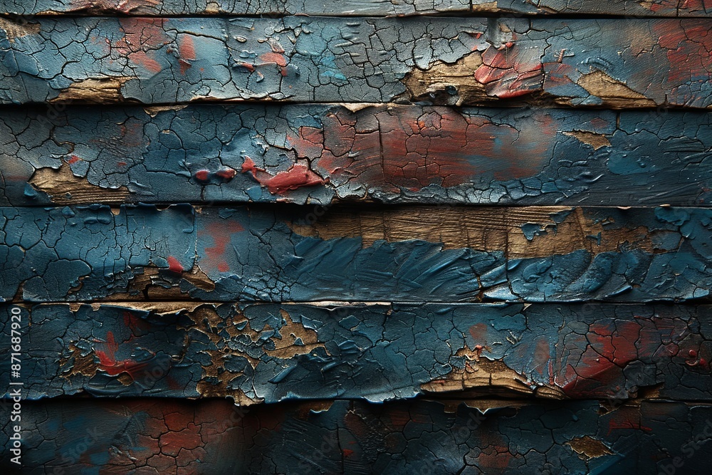 Background of of a wooden surface with blue and red paint splatters, appears to be chipping off, giving the surface a worn and weathered appearance Background of of a wooden surface with blue and red paint splatters, appears to be chipping off, giving the surface a worn and weathered appearance