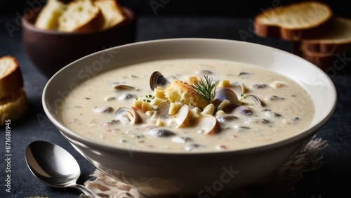 Creamy Seafood Chowder with Breadcrumbs and Dill - A Rustic Wooden Table Setting