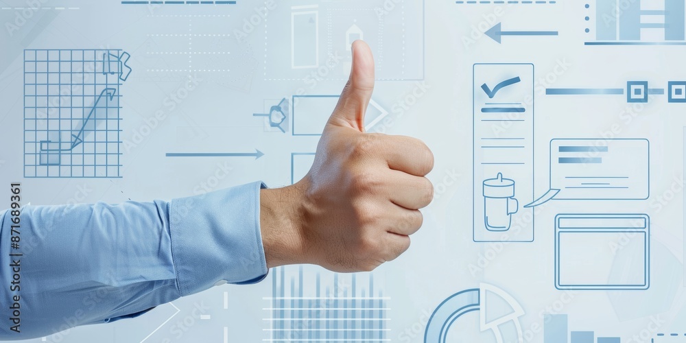 A hand giving a thumbs up gesture, with blue and white design elements like check marks or arrows around it A hand giving a thumbs up gesture, with blue and white design elements like check marks or arrows around it