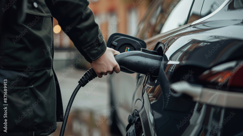 Close-up of a man charging an electric car. The process of charging a modern car with alternative energy. Technology and ecology concept. Close-up of a man charging an electric car. The process of charging a modern car with alternative energy. Technology and ecology concept.