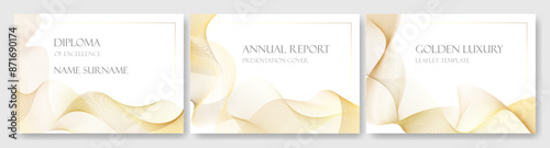 Horizontal gold wavy lines minimal background. Corporate calendar, gala invitation, premium certificate design. Medicine graduation award leaflet, royal golden color waves.