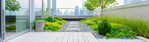 Customizable green roof garden with pathways and seating for urban greening photo