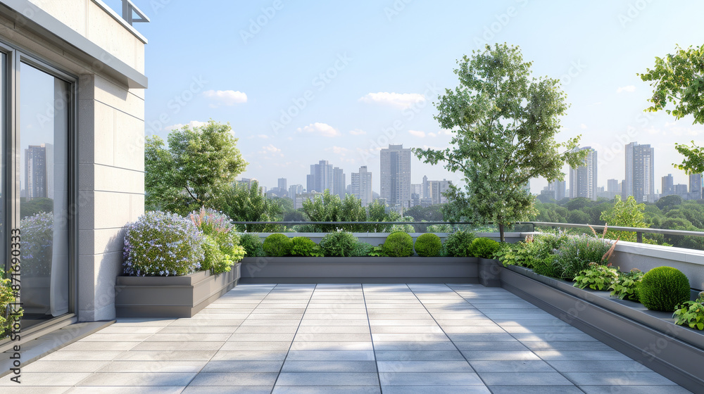 Naklejka premium Flat roof system with customizable waterproofing layers for urban buildings.