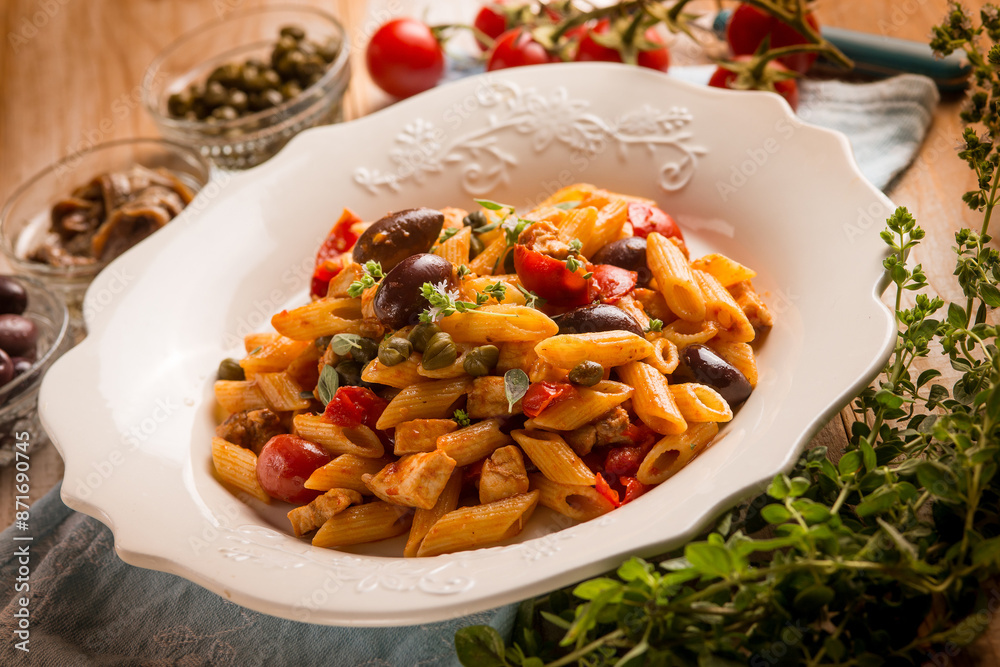 pasta with sword fish tomato black olives and capers