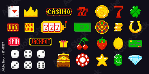 Casino 8-bit icons set. Retro slot machine style for game, pixel art casino jackpot sign. 
