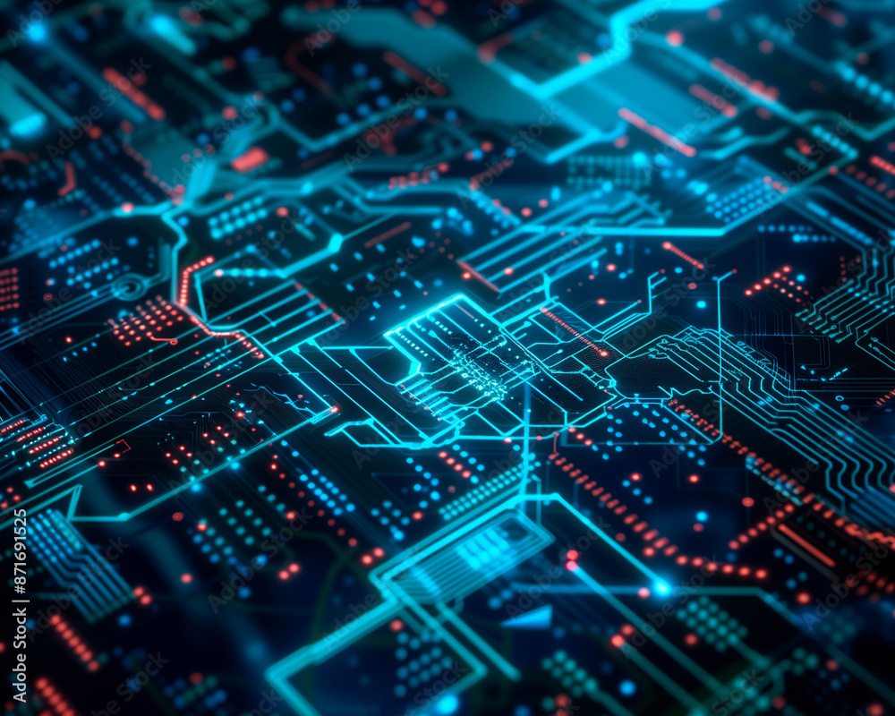 high-tech circuit board with detailed blue and red lines, futuristic electronic layout and glowing components high-tech circuit board with detailed blue and red lines, futuristic electronic layout and glowing components
