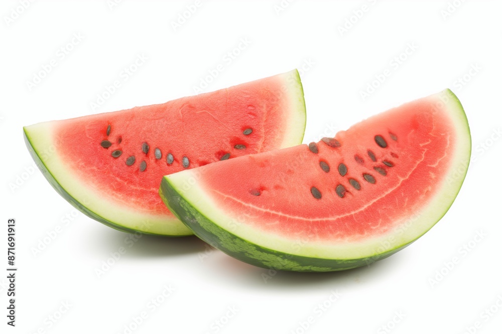 Two slices of watermelon on a white background. The slices are cut in half and have seeds Two slices of watermelon on a white background. The slices are cut in half and have seeds