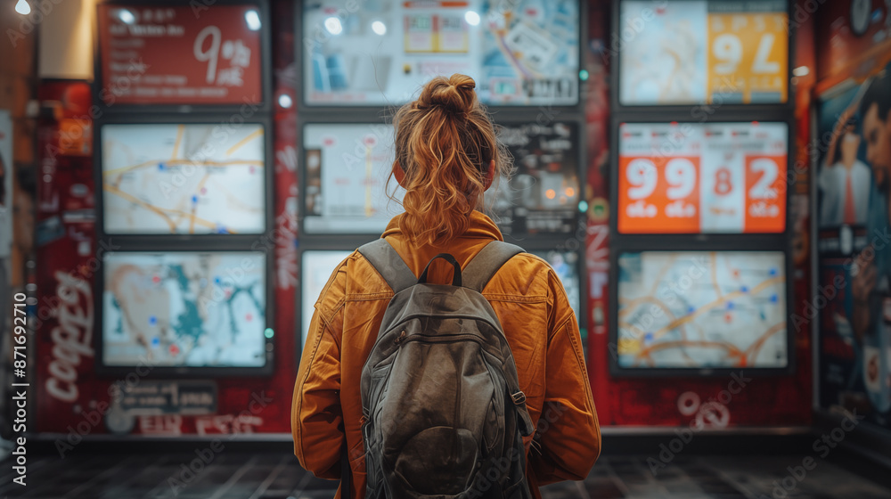Young woman with backpack studying city maps and transportation schedules, planning her journey. Concept of travel, exploration, and urban navigation. Young woman with backpack studying city maps and transportation schedules, planning her journey. Concept of travel, exploration, and urban navigation.