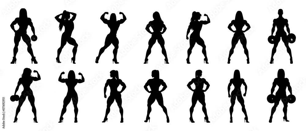 Female bodybuilder silhouette front view black filled vector Illustration icon. Muscleman vector. Muscle builder silhouette. Female bodybuilder silhouette front view black filled vector Illustration icon. Muscleman vector. Muscle builder silhouette.