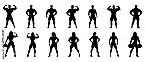 Male and female bodybuilder silhouette front view black filled vector Illustration icon. Muscleman vector. Muscle builder silhouette. 