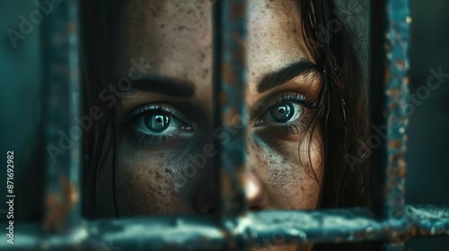 melancholic portrait of a female inmate behind rusty prison bars her eyes pleading for justice in a dimly lit cellblock symbolizing societal complexities