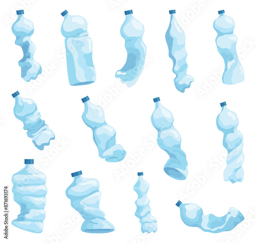 Crumpled bottles icon set. Broken plastic bottles, empty plastic containers, recyclable garbage eco concept. Recycling waste elements. Vector isolated illustration