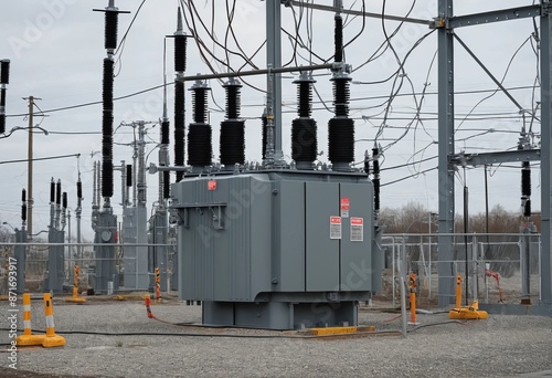 A transformer at an electrical substation. Transmission of electricity. photo