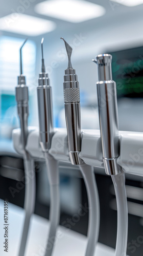 A set of dental instruments are displayed on a counter