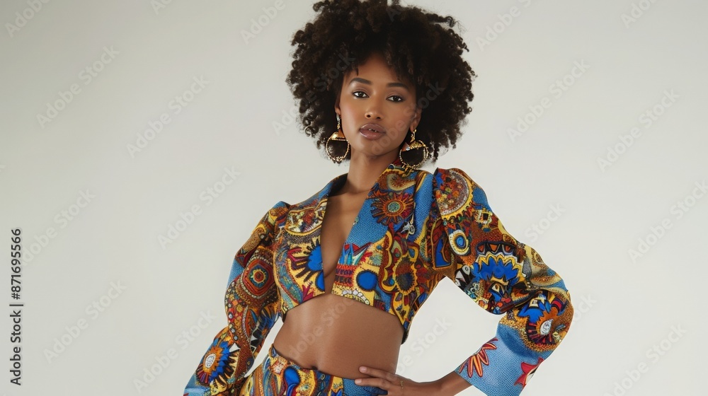 Fototapeta premium Confident African Woman in Colorful Ankara Print Outfit