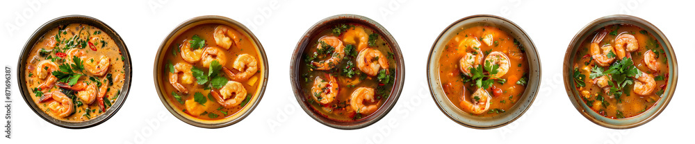 Collection bowl of shrimp or prawn soup isolated on a transparent background, top view, cut out, PNG Collection bowl of shrimp or prawn soup isolated on a transparent background, top view, cut out, PNG