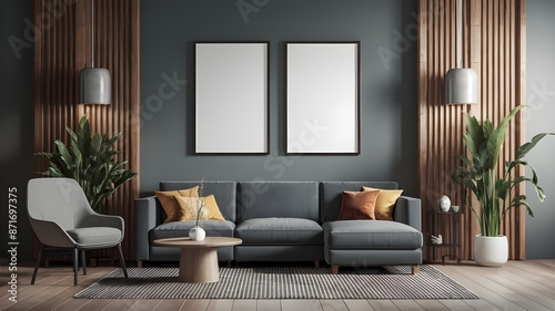 Modern luxury interior designs. Empty painted wall for mockup. accent furniture and a blank background. mockup wall, Two vertical empty frames on the wall, interior mockup, mockup, mockup for PSD © Rsquare stock
