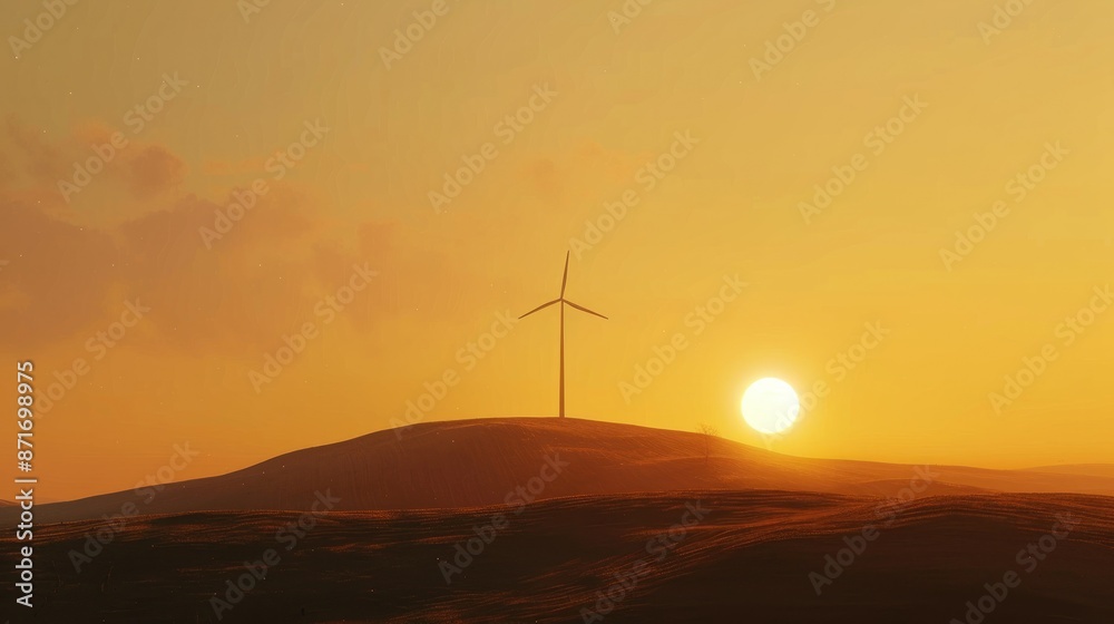 Obraz premium Sunrise view of wind turbine on hill with empty space