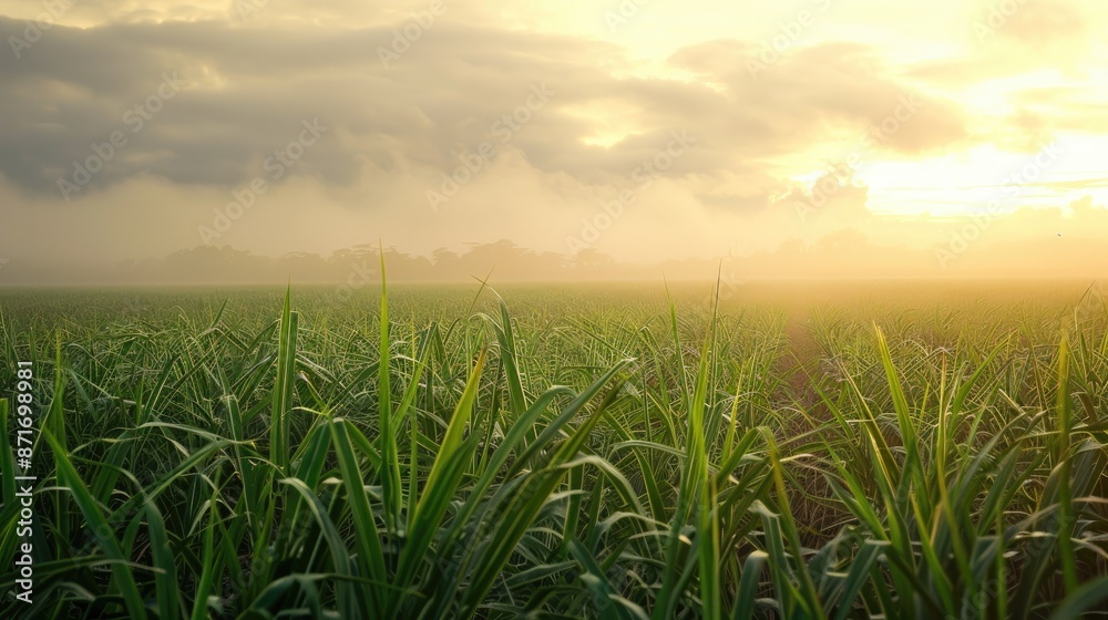 Young sugar cane field on a misty dawn
