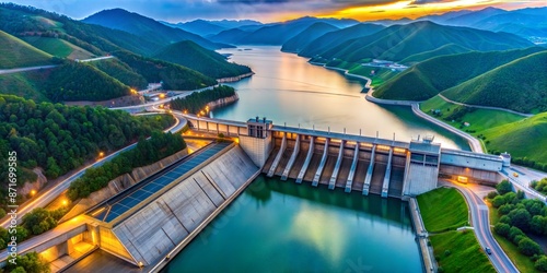 Aerial top view of a large hydroelectric dam