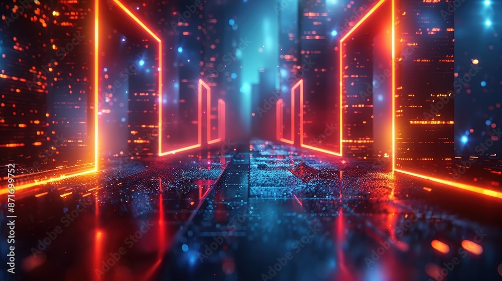 Obraz premium Futuristic neon corridor with glowing lights, reflecting surfaces, and a sci-fi atmosphere, showcasing advanced technology and digital aesthetics.