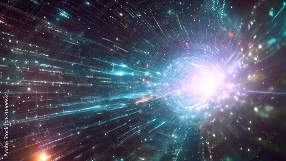 A digital tunnel with a central light streaks of blue and white A digital tunnel with a central light streaks of blue and white
