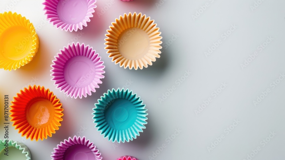 Silicone cake baking molds in various colors on white backdrop with space for text Silicone cake baking molds in various colors on white backdrop with space for text