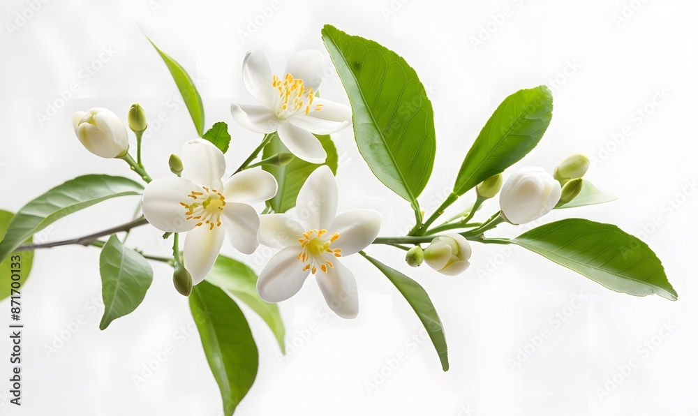 White Neroli Blossom on Orange Tree Branch Close-Up Against White Background, Generative AI White Neroli Blossom on Orange Tree Branch Close-Up Against White Background, Generative AI