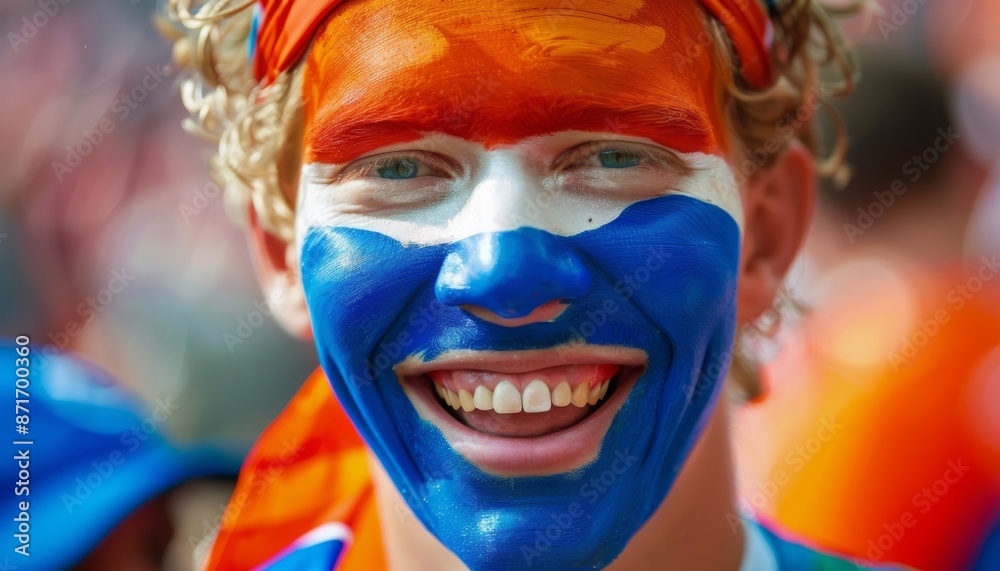 Young Dutch Fan with Face Painted in National Colors at Sporting Event Young Dutch Fan with Face Painted in National Colors at Sporting Event