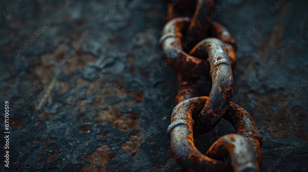 Rusty chains on dark backdrop with focus and space for text Rusty chains on dark backdrop with focus and space for text