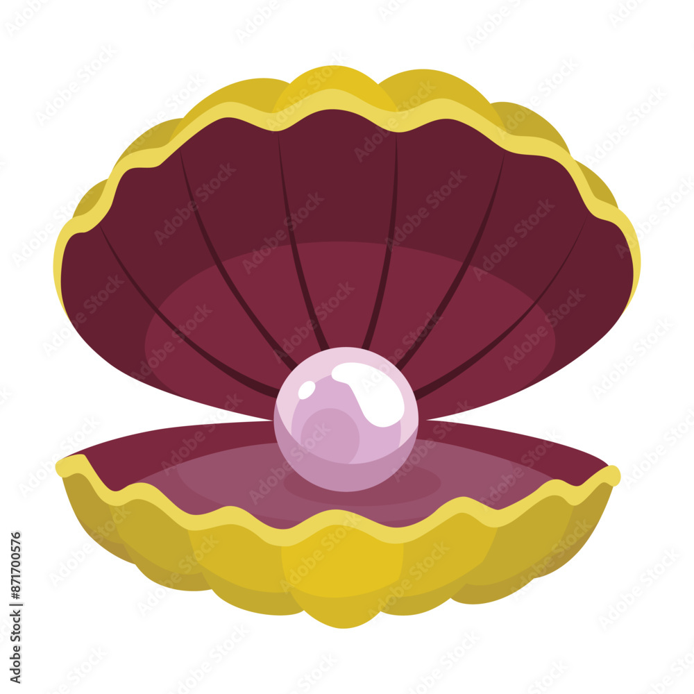 Pearl in seashell. Open seashell scallop and pearl shell icon. Beautiful pearl in clam shell in cartoon flat style. Vector illustration isolated on white background