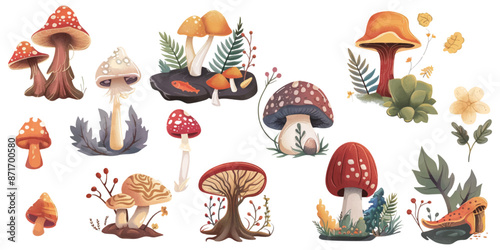 Set of illustrations of mushrooms and leaves on a white background.
