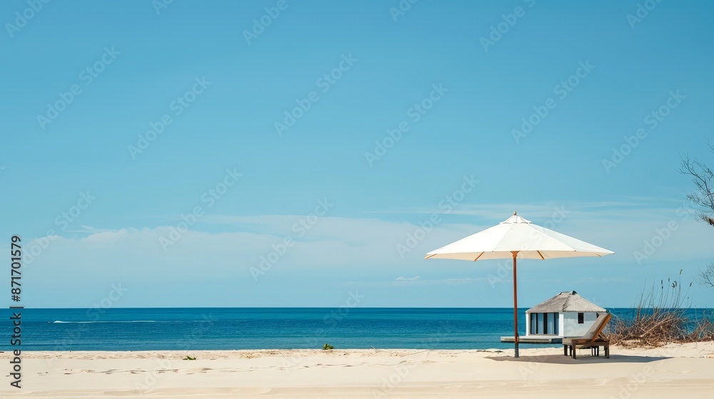Sun umbrella and house situated on a sandy beach, with blue sky and sea in the background. Concept for investing in resort real estate and dream vacations by the sea. Space for text Sun umbrella and house situated on a sandy beach, with blue sky and sea in the background. Concept for investing in resort real estate and dream vacations by the sea. Space for text