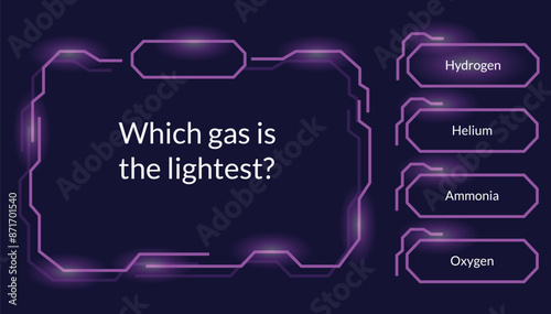 Quiz game questions or test menu choice templates with answers. Trivia contest, TV show layout with neon answer options. Four answers for knowledge exam. Vector cartoon illustration
