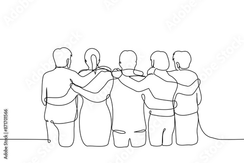 group of people of young men and women stand with their backs to the camera hugging their shoulders - one line art vector. concept of company of friends or team building