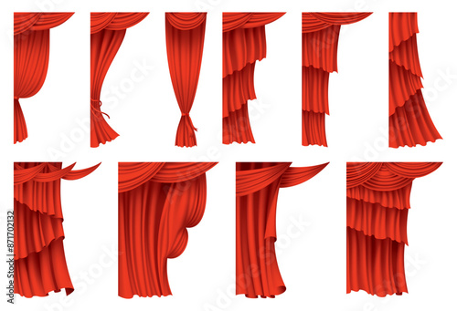 Red curtains realistic collection. Theater fabric silk decoration for movie cinema or opera hall. Curtains and draperies interior decoration object. Isolated on white for theater stage.