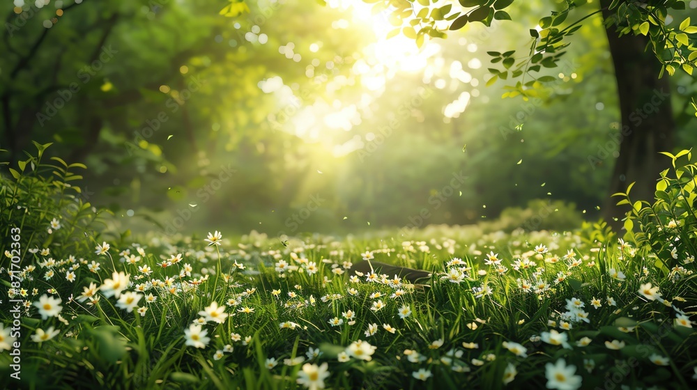 Obraz premium A serene forest glade with wildflowers and a soft breeze, ample copy space