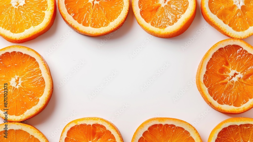 Orange slices arranged in square frame on white background with space for text Concept of health and wellness Display model Orange slices arranged in square frame on white background with space for text Concept of health and wellness Display model