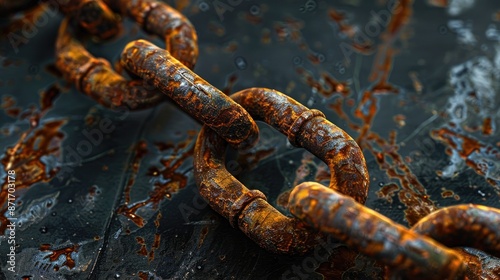 Rusty chains on dark backdrop with focus and space for text