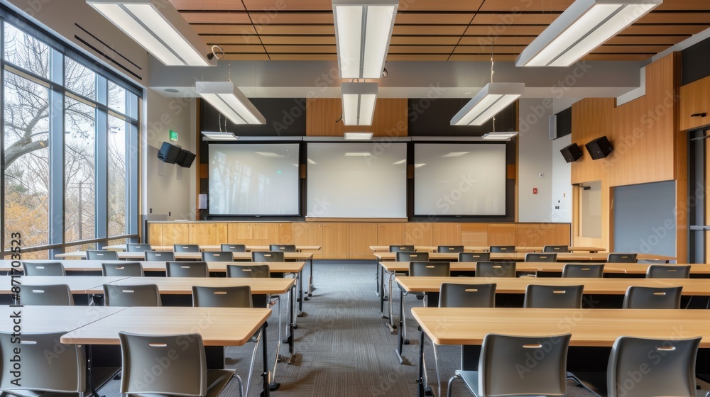 Modern Classroom Interior with Whiteboard and Desks Modern Classroom Interior with Whiteboard and Desks